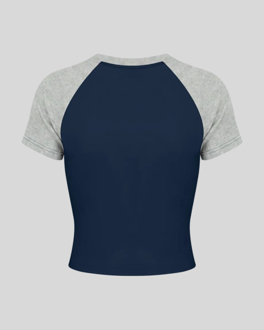 TrackLine Raglan Baby Tee in Navy Blue and Flower Gray back view with contrast raglan sleeves and fitted silhouette