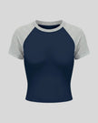 TrackLine Raglan Baby Tee in Navy Blue with Flower Gray front view with contrast short sleeves and crew neckline