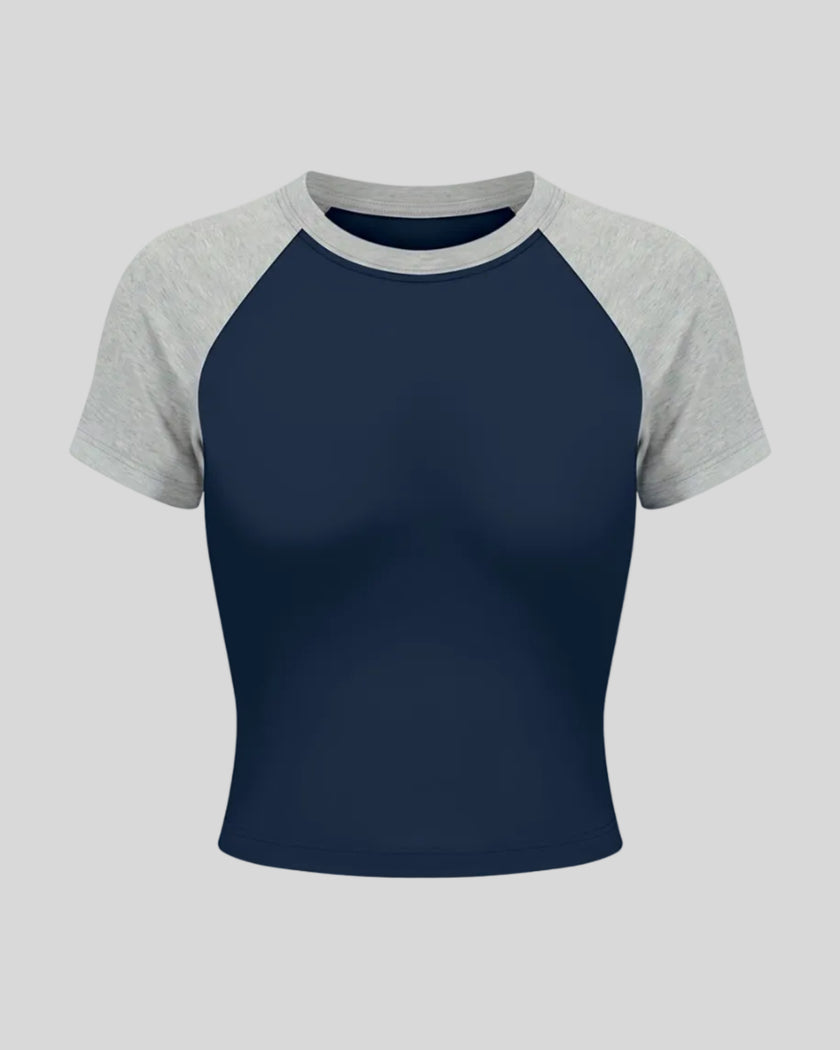 TrackLine Raglan Baby Tee in Navy Blue with Flower Gray front view with contrast short sleeves and crew neckline