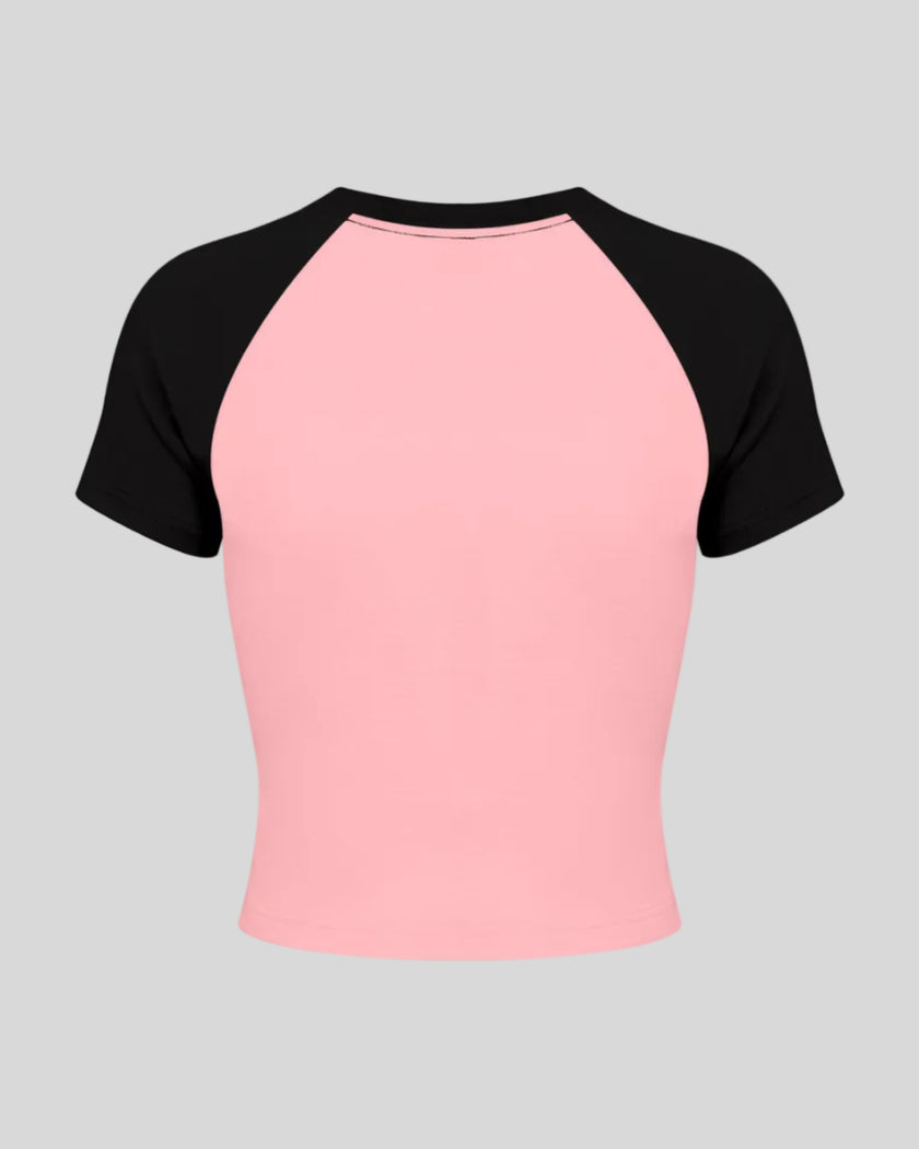 TrackLine Raglan Baby Tee in Pink with Black back view with contrast raglan sleeves and fitted silhouette