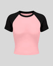 rackLine Raglan Baby Tee in Pink with Black front view with contrast short sleeves and crew neckline