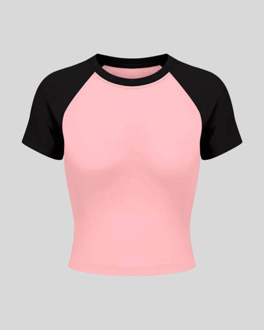 rackLine Raglan Baby Tee in Pink with Black front view with contrast short sleeves and crew neckline