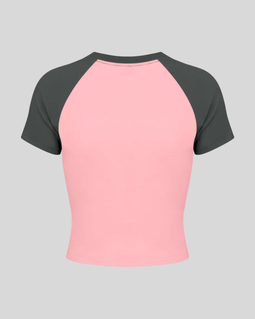 TrackLine Raglan Baby Tee in Pink with Dark Gray back view with contrast raglan sleeves and fitted silhouette
