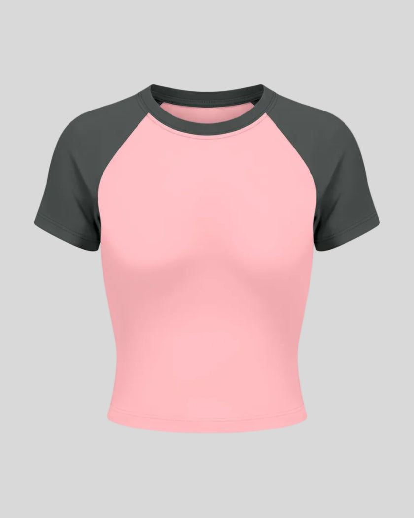 TrackLine Raglan Baby Tee in Pink with Dark Gray front view with contrast short sleeves and crew neckline