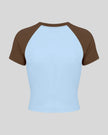 TrackLine Raglan Baby Tee in Sky Blue and Coffee back view with contrast raglan sleeves and fitted silhouette