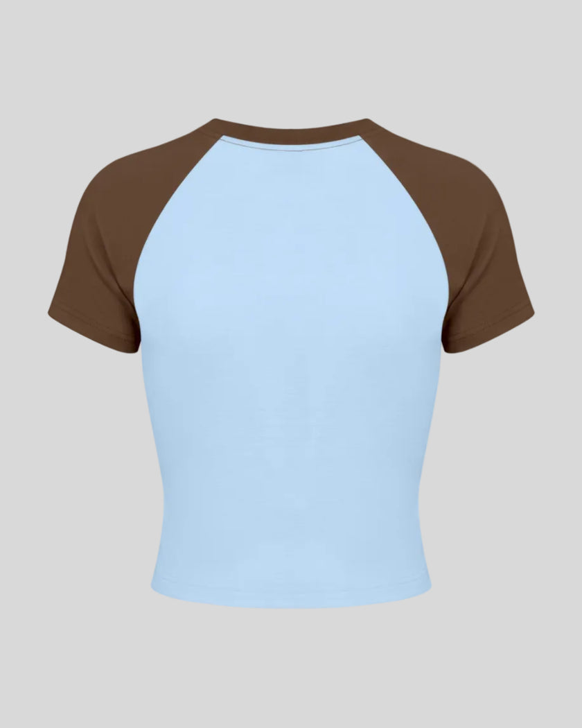 TrackLine Raglan Baby Tee in Sky Blue and Coffee back view with contrast raglan sleeves and fitted silhouette