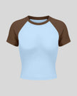 TrackLine Raglan Baby Tee in Sky Blue and Coffee front view with contrast short sleeves and crew neckline