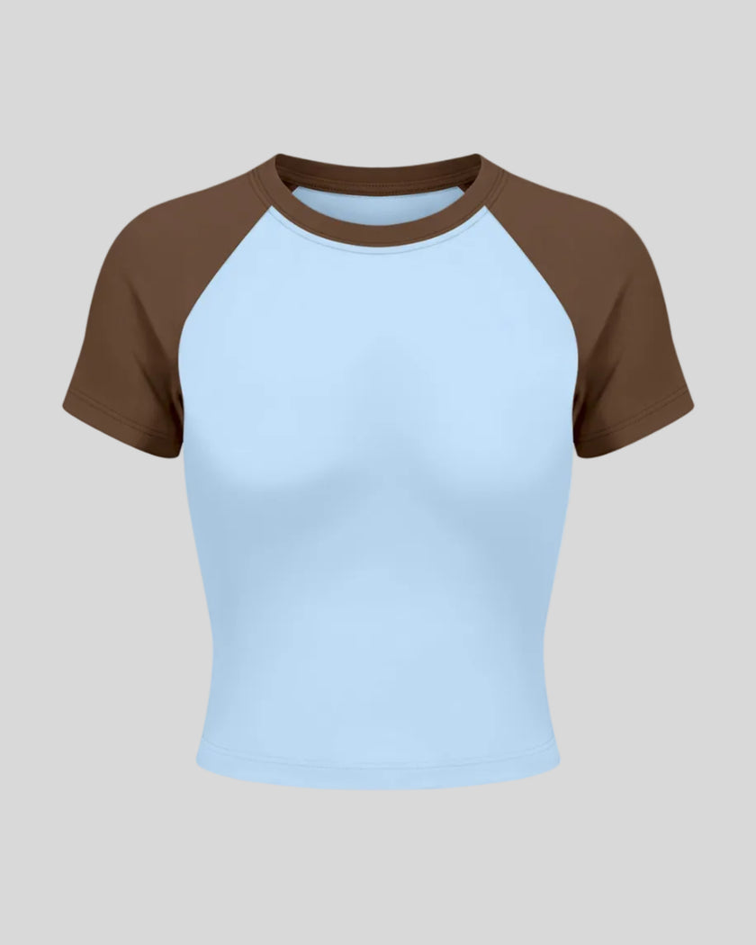 TrackLine Raglan Baby Tee in Sky Blue and Coffee front view with contrast short sleeves and crew neckline
