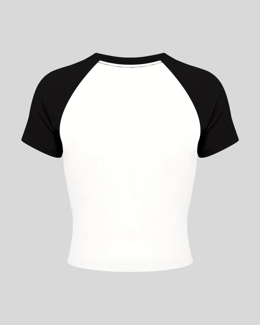 TrackLine Raglan Baby Tee in White with Black back view with contrast raglan sleeves and fitted silhouette
