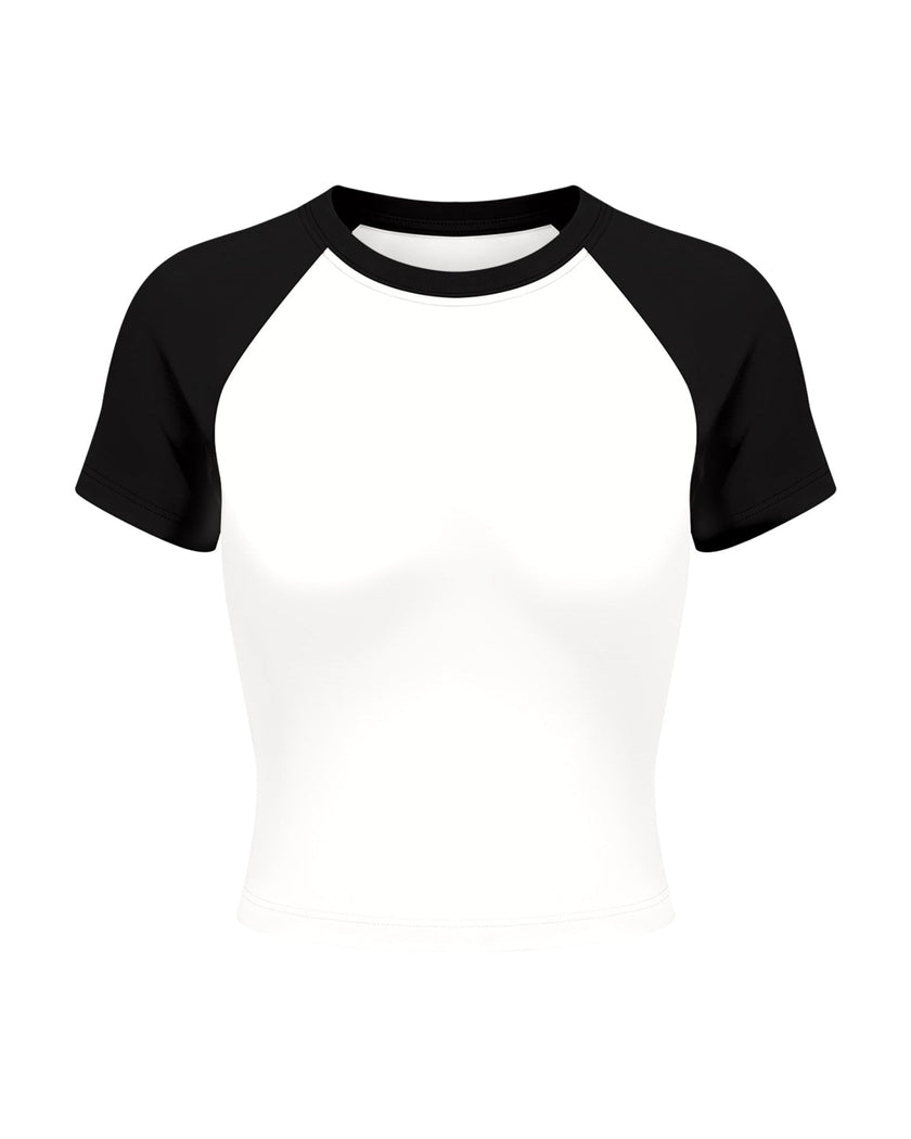 TrackLine Raglan Baby Tee in White with Black front view with contrast short sleeves and crew neckline
