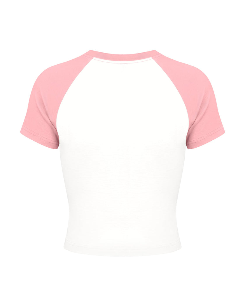 TrackLine Raglan Baby Tee in White with Pink back view with contrast raglan sleeves and fitted silhouette