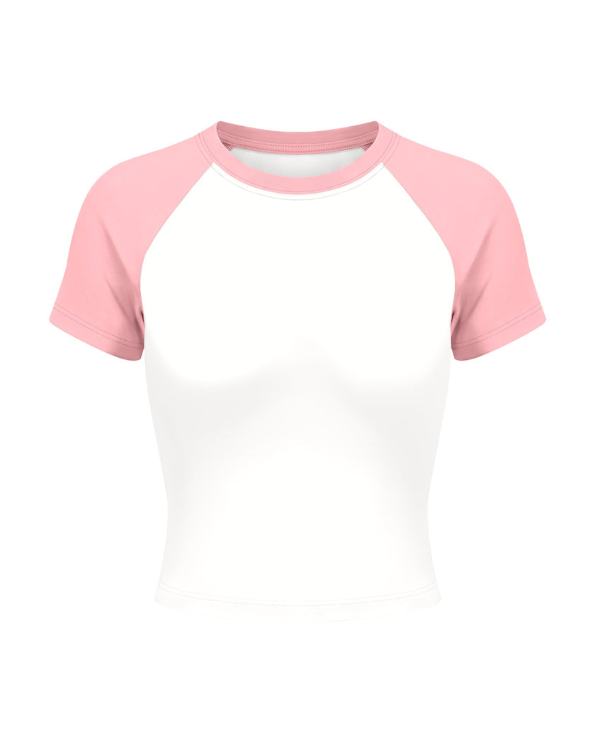 TrackLine Raglan Baby Tee in White with Pink front view with contrast short sleeves and crew neckline