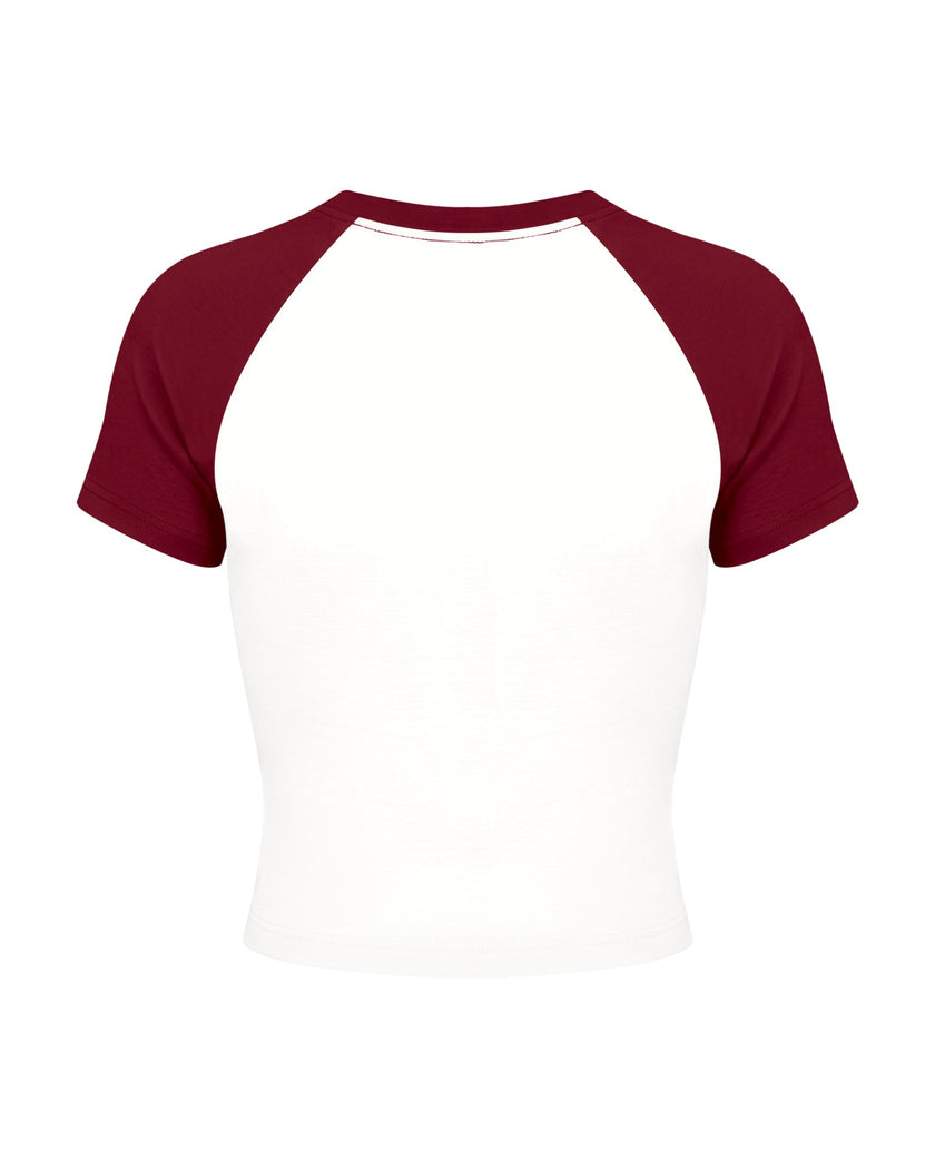 TrackLine Raglan Baby Tee in White with Wine Red back view with contrast raglan sleeves and fitted silhouette