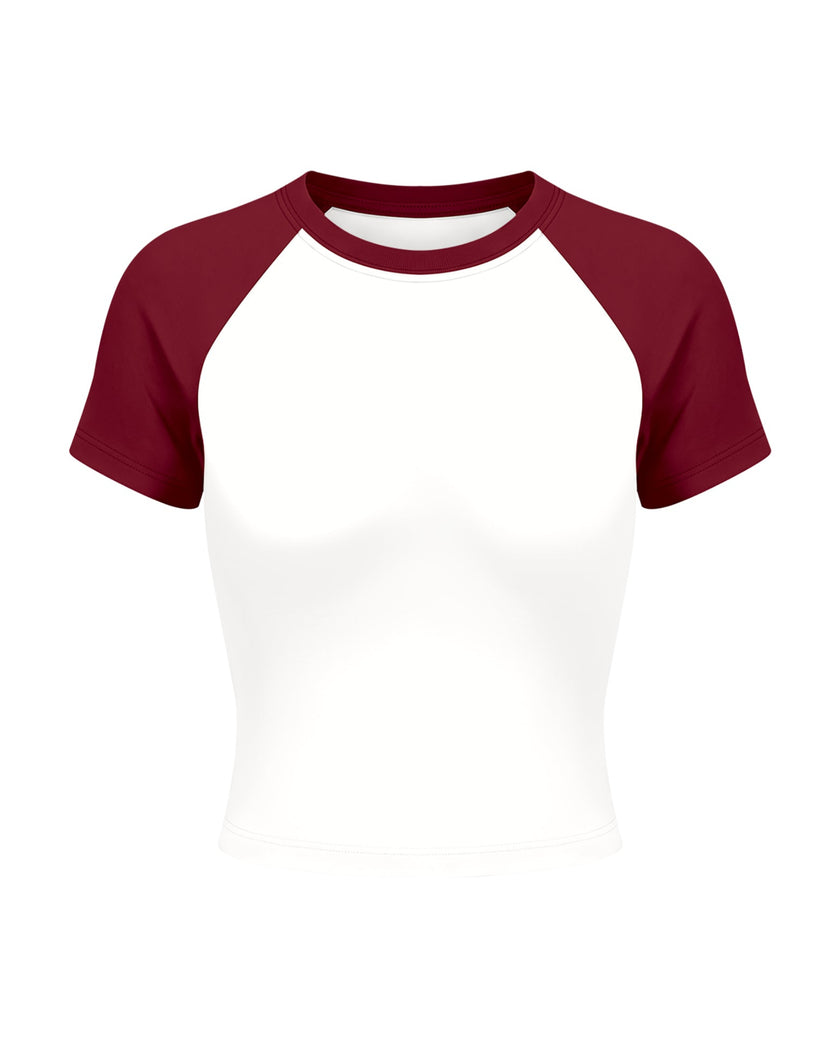 TrackLine Raglan Baby Tee in White with Wine Red front view with contrast short sleeves and crew neckline