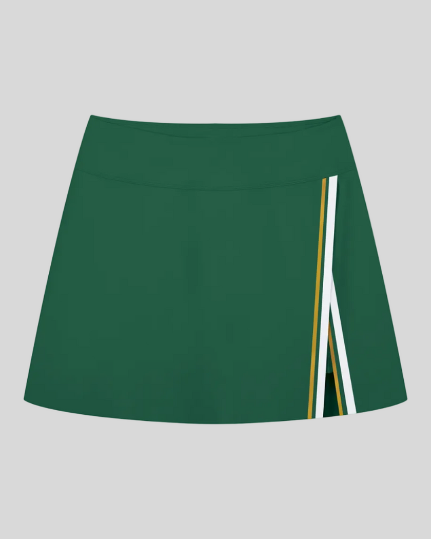 TrackLine Rally A-Line Slit Skirt in blackish green featuring contrast side panels and athletic slit detail front view