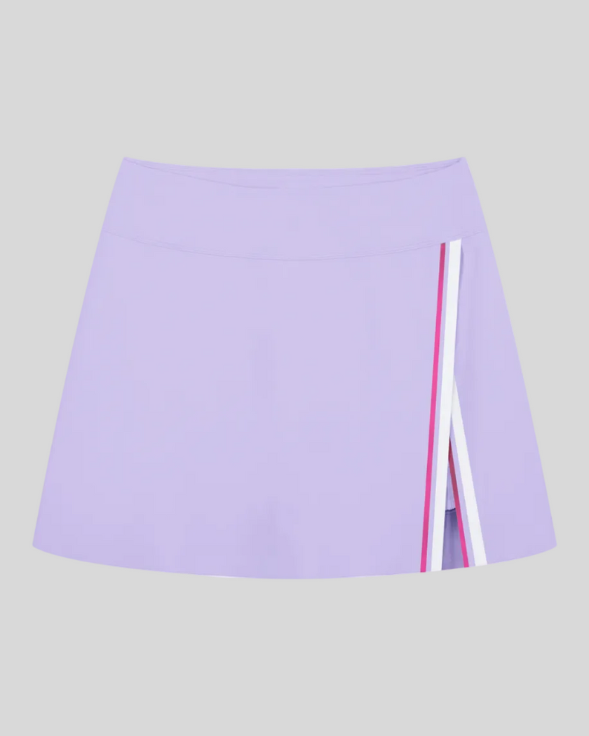 TrackLine Rally A-Line Slit Skirt in lavender featuring contrast side panels and athletic slit detail front view