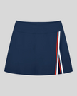 TrackLine Rally A-Line Slit Skirt in navy blue featuring contrast side panels and athletic slit detail front view