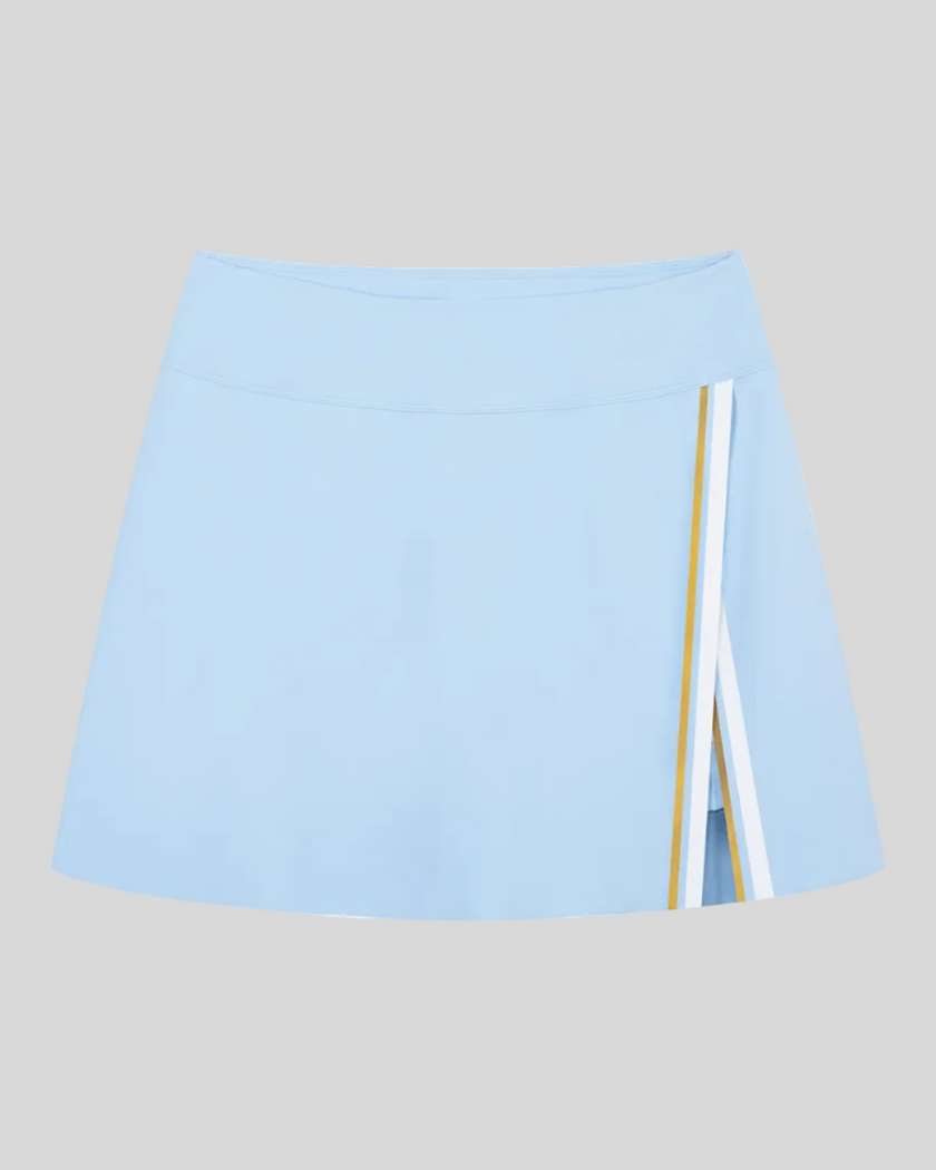 TrackLine Rally A-Line Slit Skirt in sky blue featuring contrast side panels and athletic slit detail front view