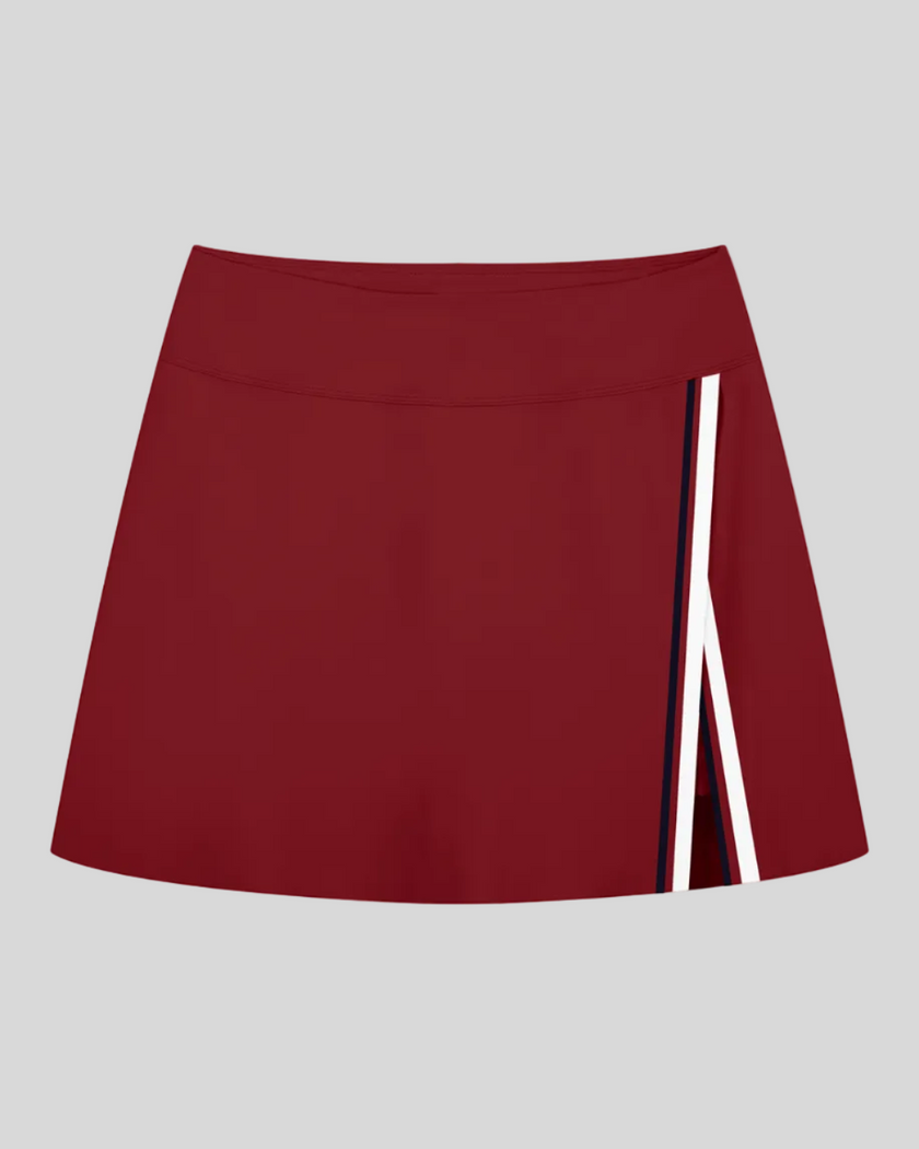TrackLine Rally A-Line Slit Skirt in wine red featuring contrast side panels and athletic slit detail front view