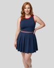 Model wearing the X-Large TrackLine Rally Dress in Navy Blue angled front view