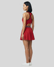 Model wearing the TrackLine Rally Dress in Red angled back view