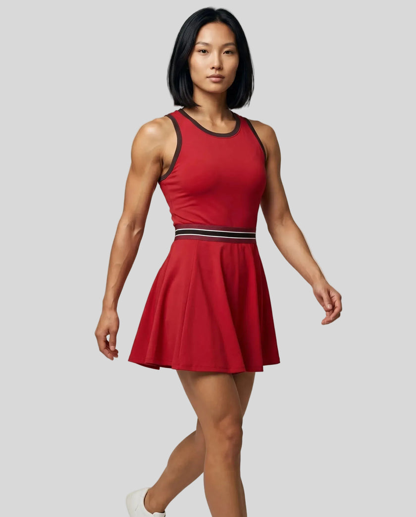 Model wearing the TrackLine Rally Dress in Red angled front view