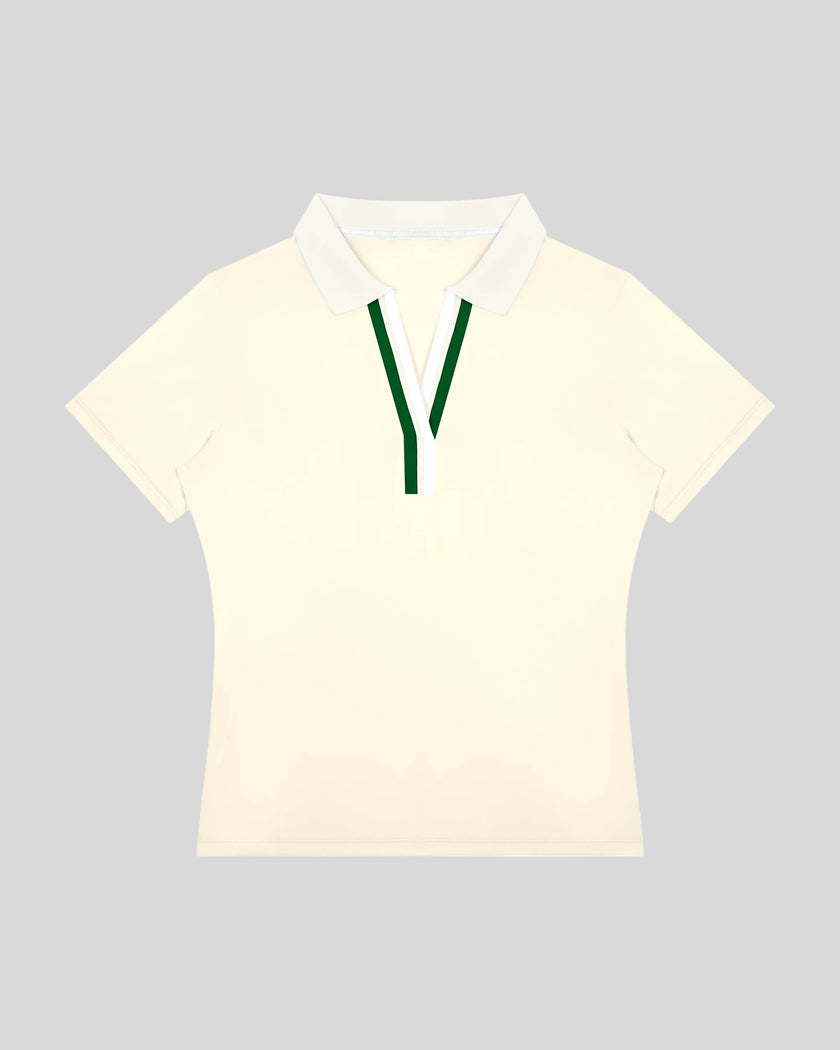 Athlesi TrackLine Rally Polo Shirt in beige with white and green contrast neckline, front view