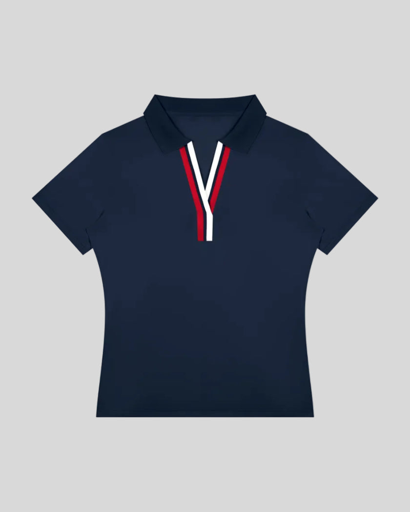 Athlesi TrackLine Rally Polo Shirt in navy blue with red and white contrast neckline, front view