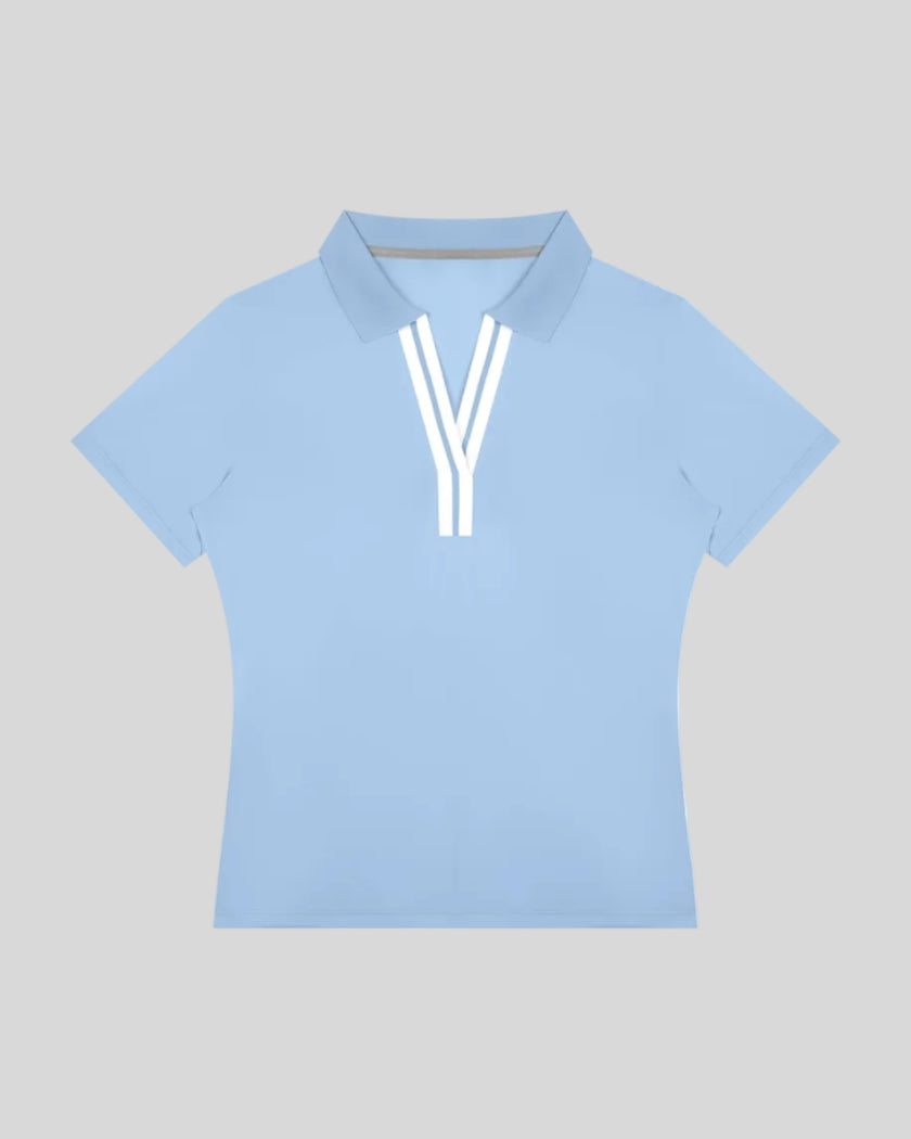 Athlesi TrackLine Rally Polo Shirt in sky blue with white contrast neckline, front view