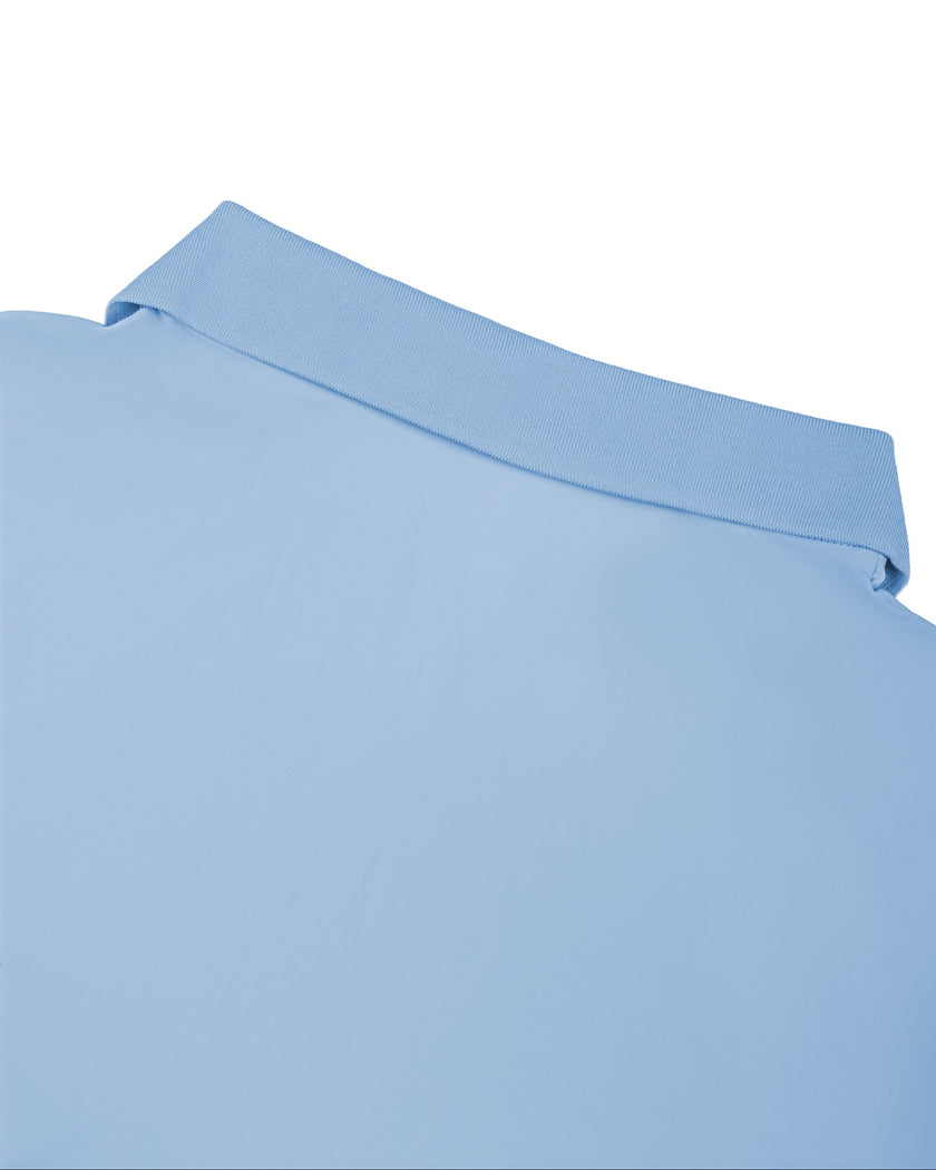 Close-up of the back collar on the sky blue Athlesi TrackLine Rally Polo Shirt