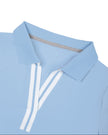 Close-up of the polo collar and red and white contrast neckline on the sky blue Athlesi TrackLine Rally Polo Shirt