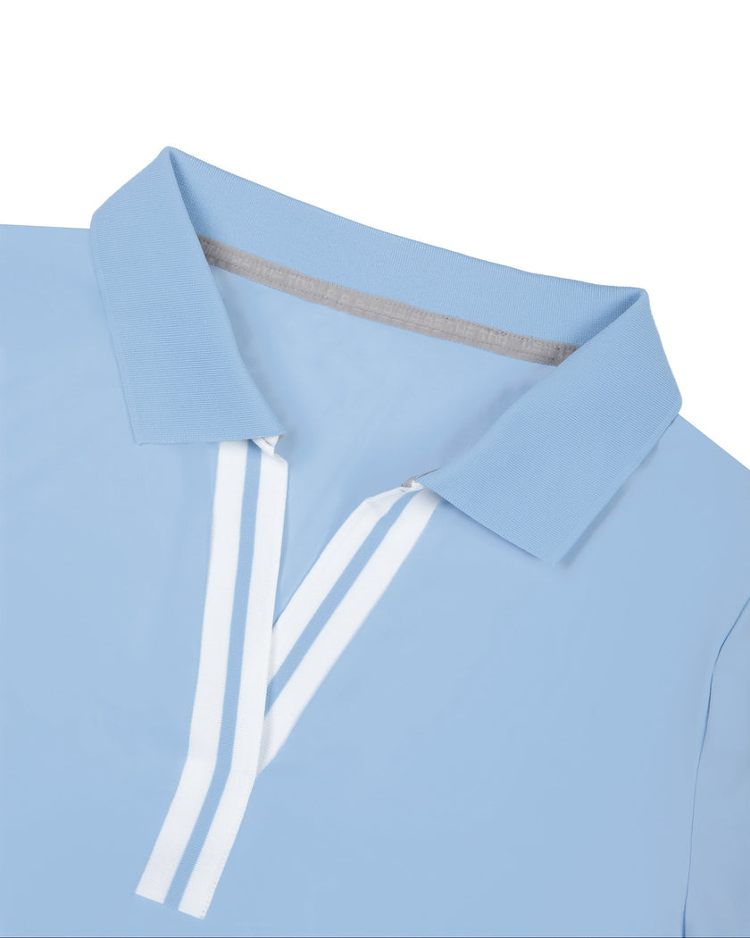 Close-up of the polo collar and red and white contrast neckline on the sky blue Athlesi TrackLine Rally Polo Shirt