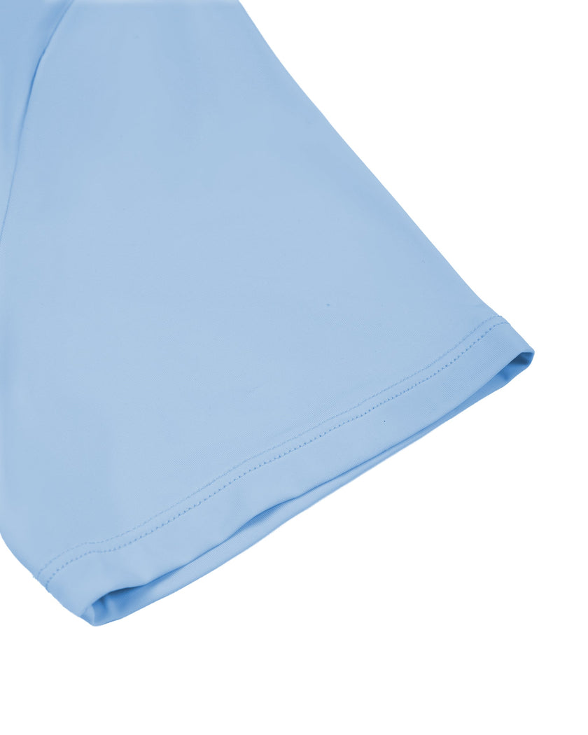 Close-up of the short sleeve on the sky blue Athlesi TrackLine Rally Polo Shirt