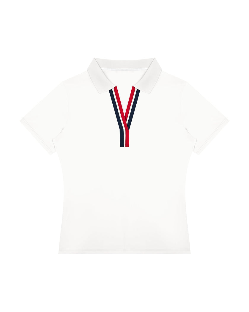 Athlesi TrackLine Rally Polo Shirt in white with red and navy-blue contrast neckline, front view