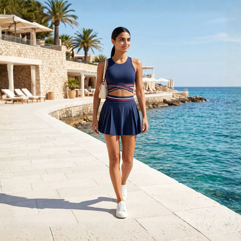 Athlesi TrackLine Rally Set in navy and white styled at a luxury Mediterranean summer destination.