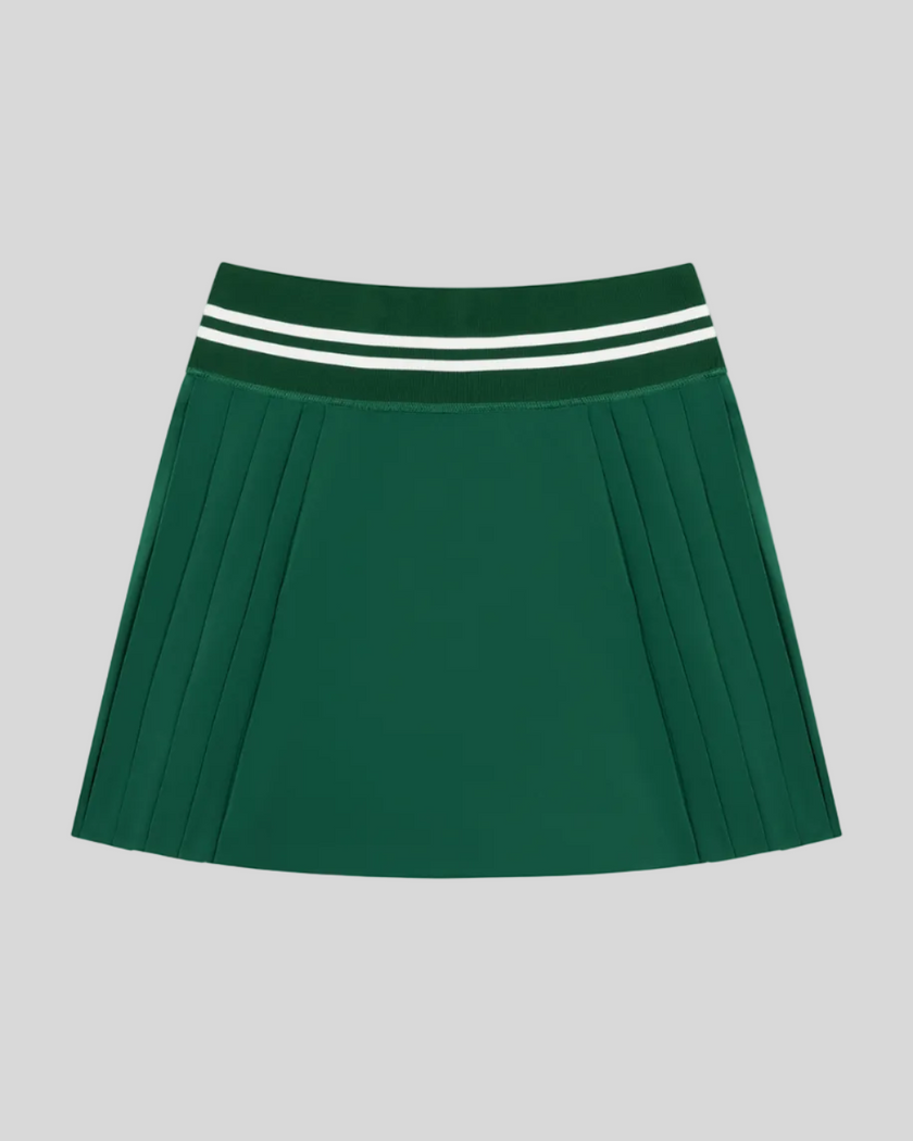 Front view of TrackLine Rally Skirt in blackish green featuring pleated athletic styling