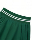 Front waistband closeup of TrackLine Rally Skirt in blackish green with striped athletic detail