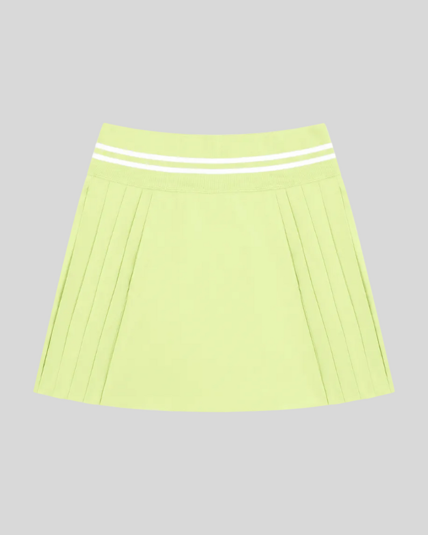 Front view of TrackLine Rally Skirt in light green featuring pleated athletic styling