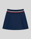 Front view of TrackLine Rally Skirt in navy blue featuring pleated athletic styling