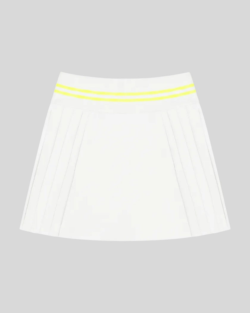 Front view of TrackLine Rally Skirt in white featuring pleated athletic styling