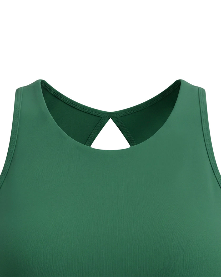 Front neckline closeup of TrackLine Rally Sports Bra in blackish green