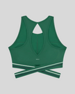 Back view of TrackLine Rally Sports Bra in blackish green with open-back athletic design