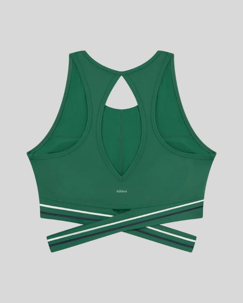 Back view of TrackLine Rally Sports Bra in blackish green with open-back athletic design