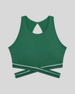 Front view of TrackLine Rally Sports Bra in blackish green featuring contrast criss-cross band detail