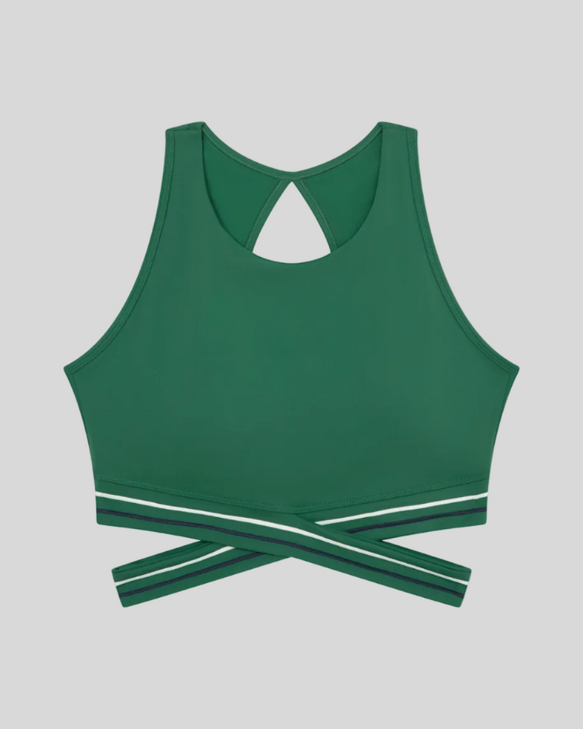 Front view of TrackLine Rally Sports Bra in blackish green featuring contrast criss-cross band detail