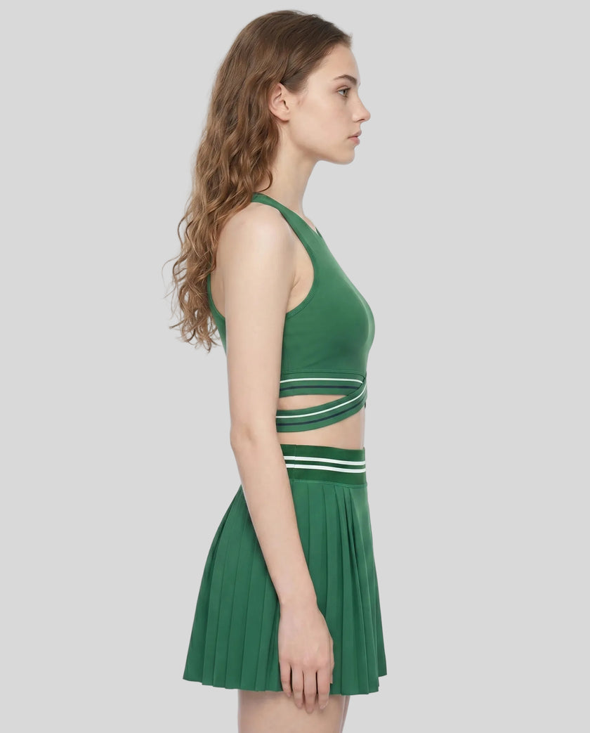 Side view of TrackLine Rally Sports Bra in blackish green with supportive athletic fit