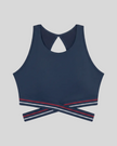 Front view of TrackLine Rally Sports Bra in navy blue featuring contrast criss-cross band detail
