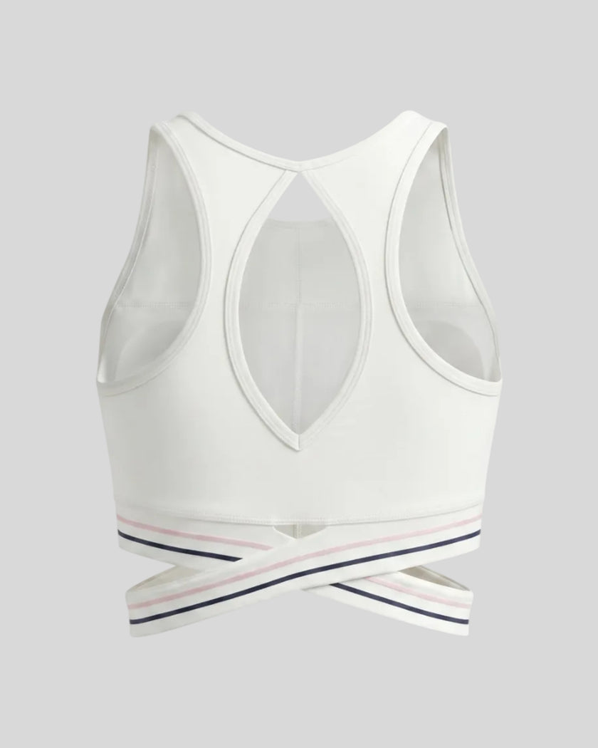 Back view of TrackLine Rally Sports Bra in white with open-back athletic design