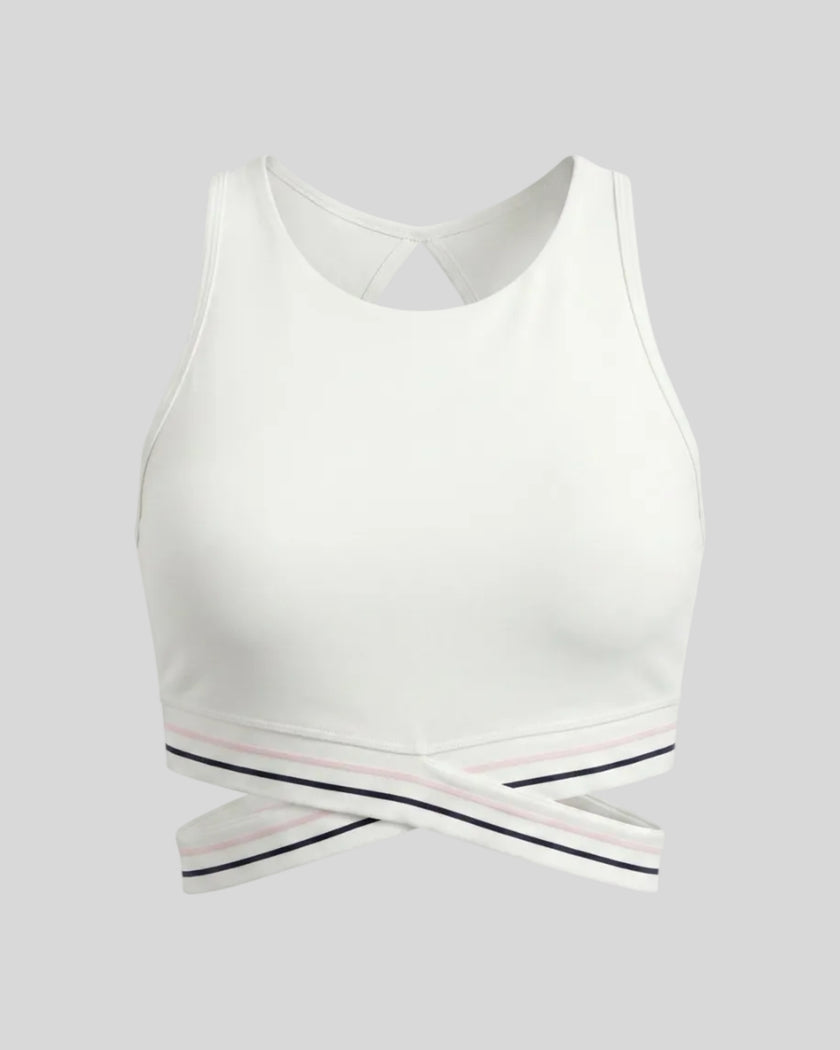 Front view of TrackLine Rally Sports Bra in white featuring contrast criss-cross band detail