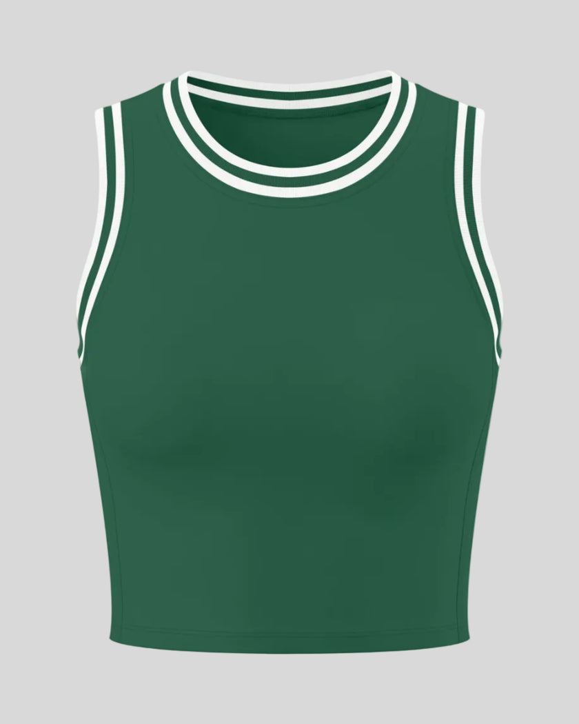 Front view of the TrackLine Rally Tank Top in Blackish Green with White